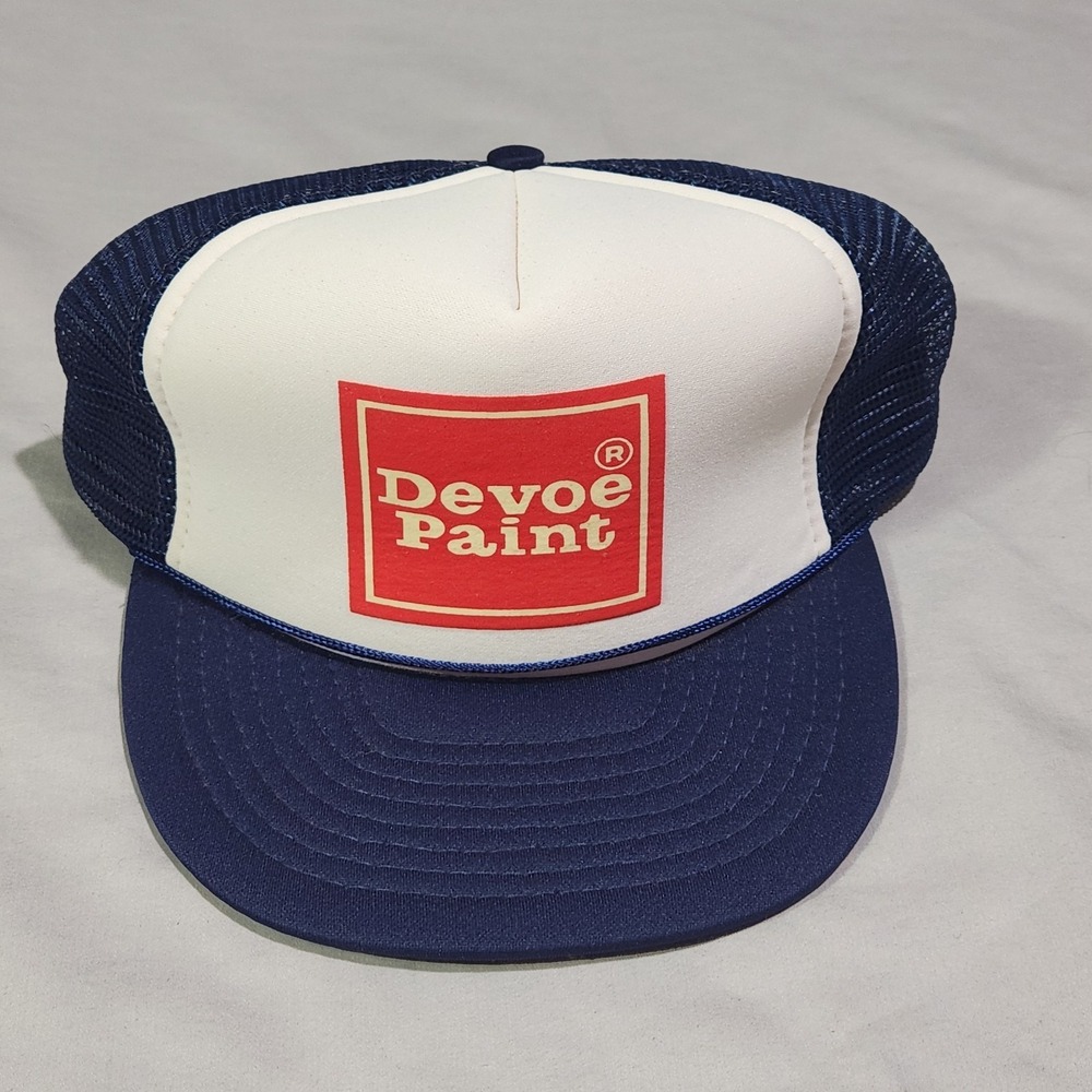 Vintage Devoe Paint Mesh Trucker Snapback Cap Navy White Red Center Logo‎